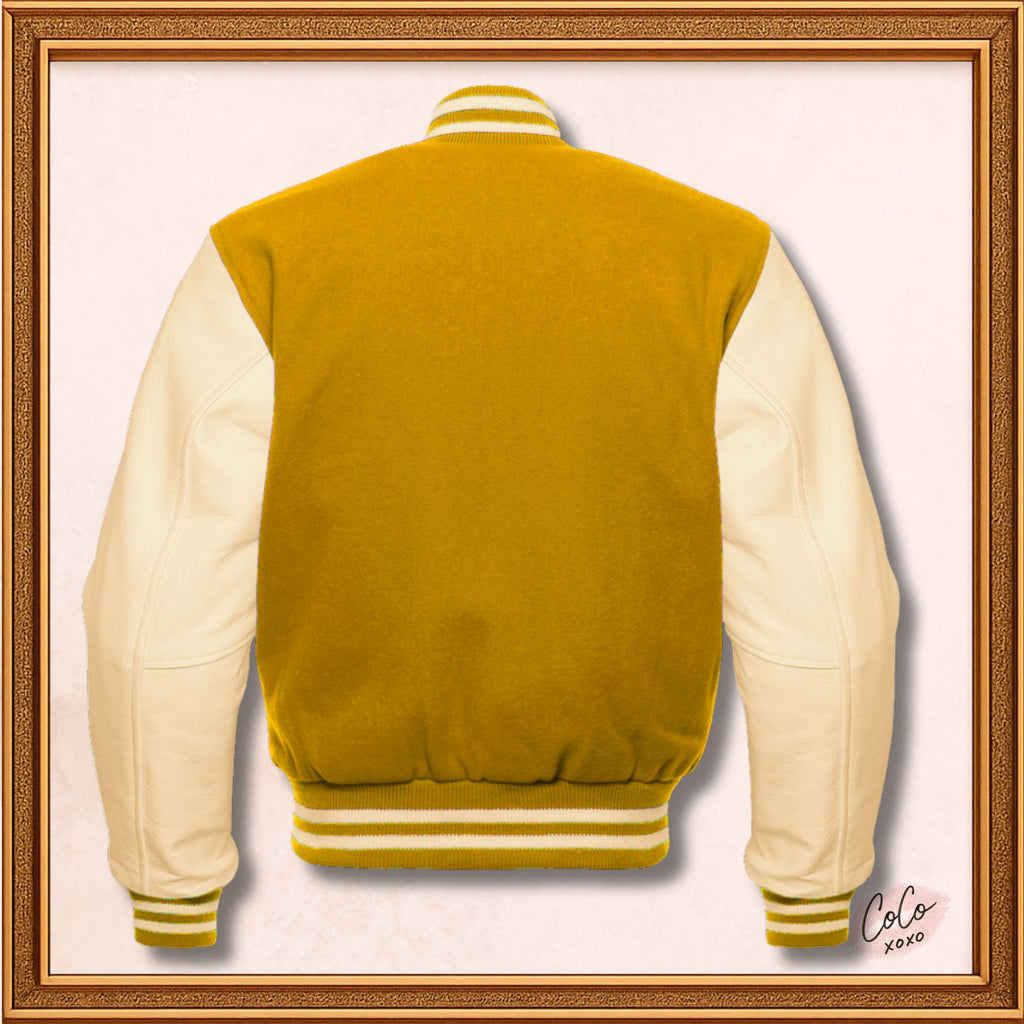 College-Jacke aus gelber Wolle und cremefarbenen Lederärmeln 