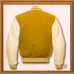 College-Jacke aus gelber Wolle und cremefarbenen Lederärmeln 