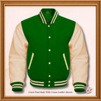 Green Wool and Genuine Cream Leather Sleeves Varsity Jacket