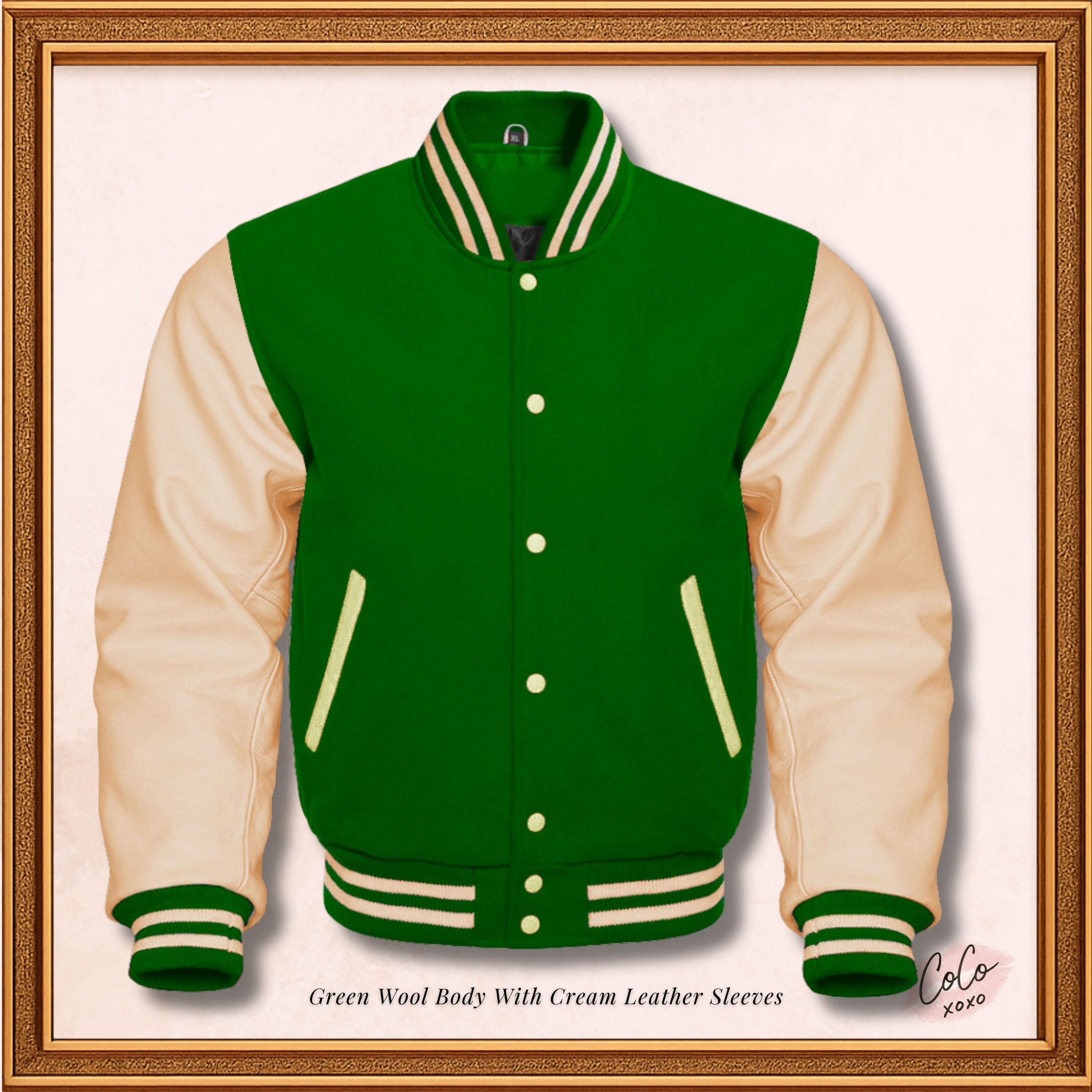 Green Wool and Genuine Cream Leather Sleeves Varsity Jacket