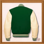 Green Wool and Genuine Cream Leather Sleeves Varsity Jacket