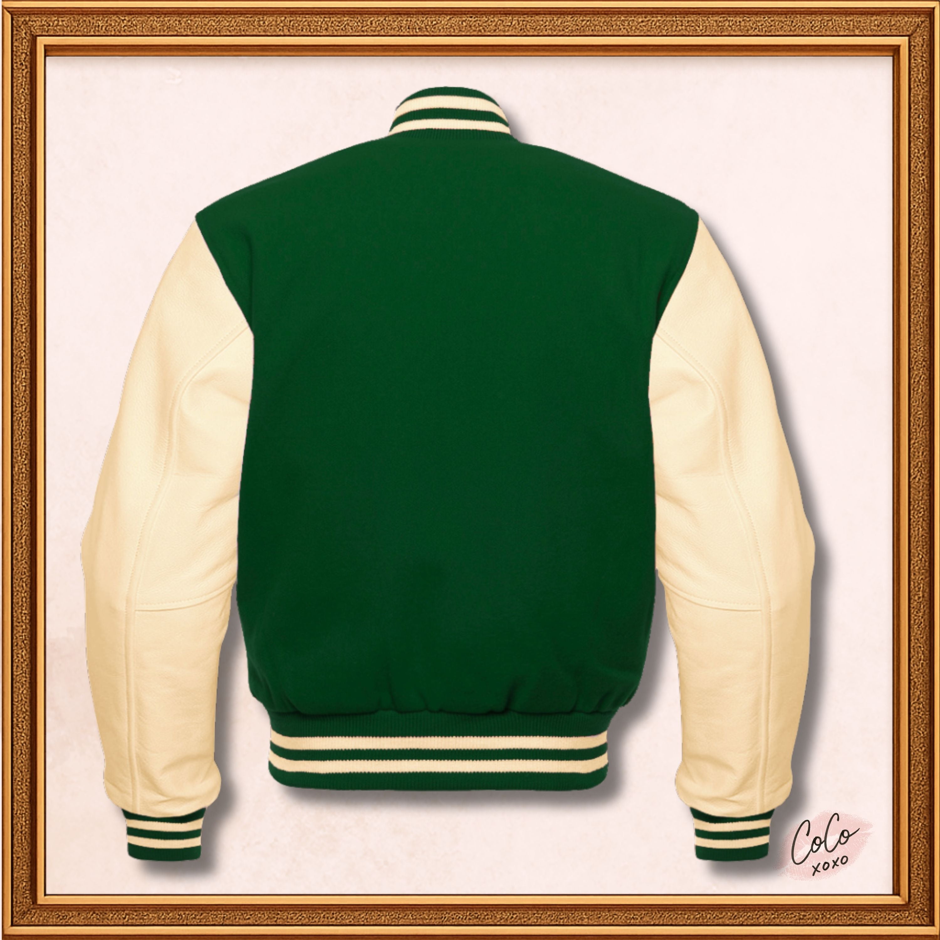 Green Wool and Genuine Cream Leather Sleeves Varsity Jacket