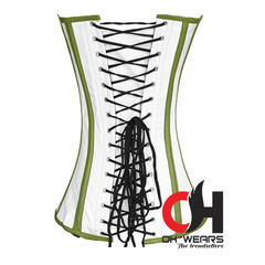 White and Green Leather Overbust Corset - Double Steel Boned