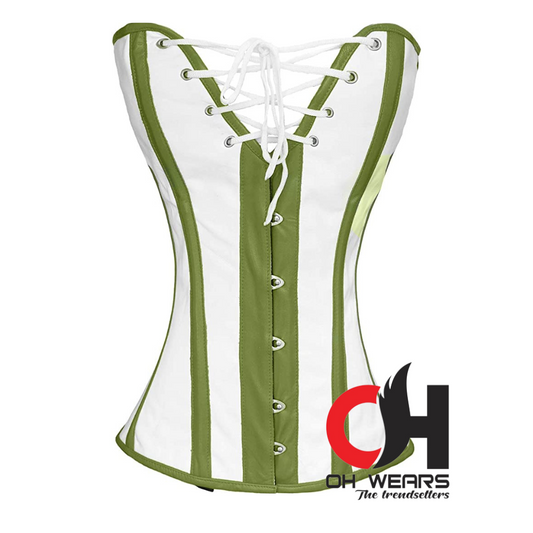 White and Green Leather Overbust Corset - Double Steel Boned