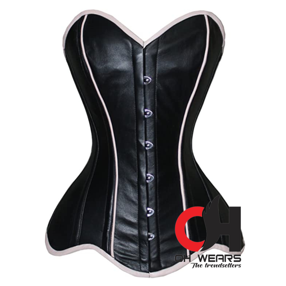 Women Overbust Black Leather Corset Heavy Steel Boned