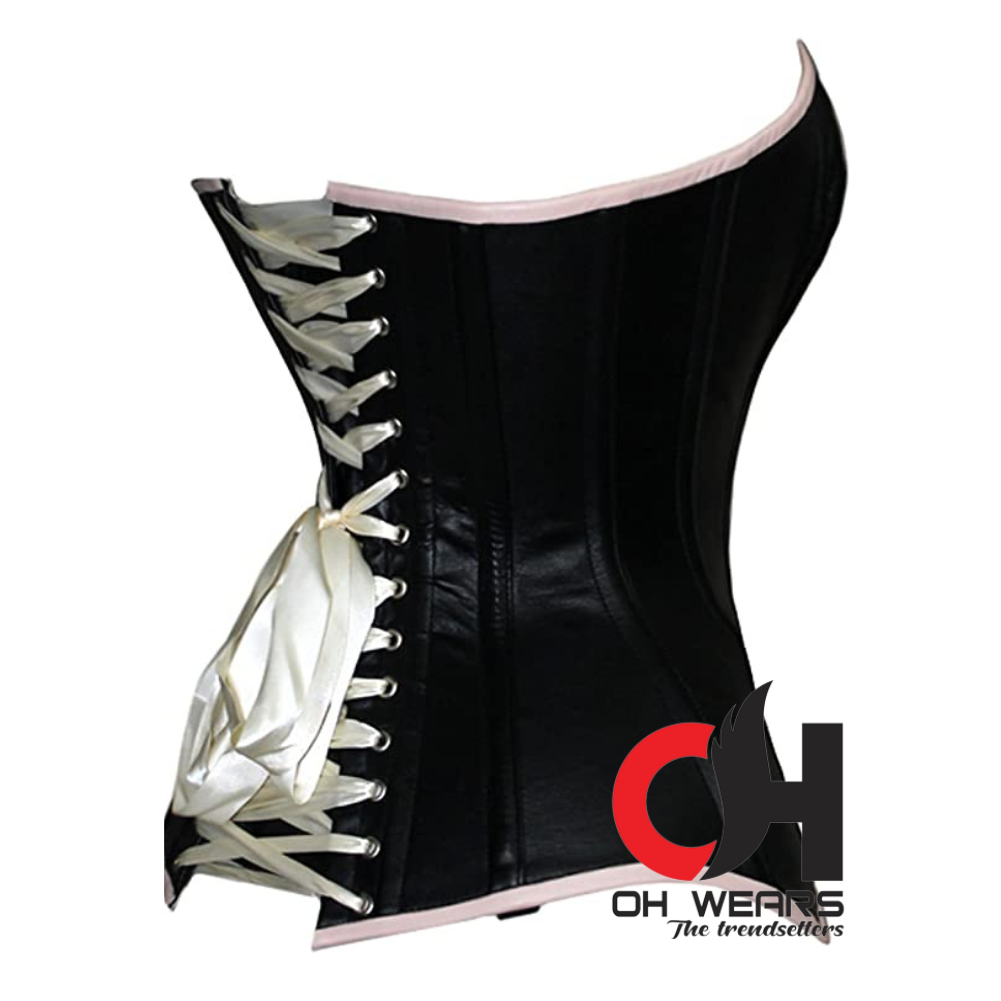 Women Overbust Black Leather Corset Heavy Steel Boned