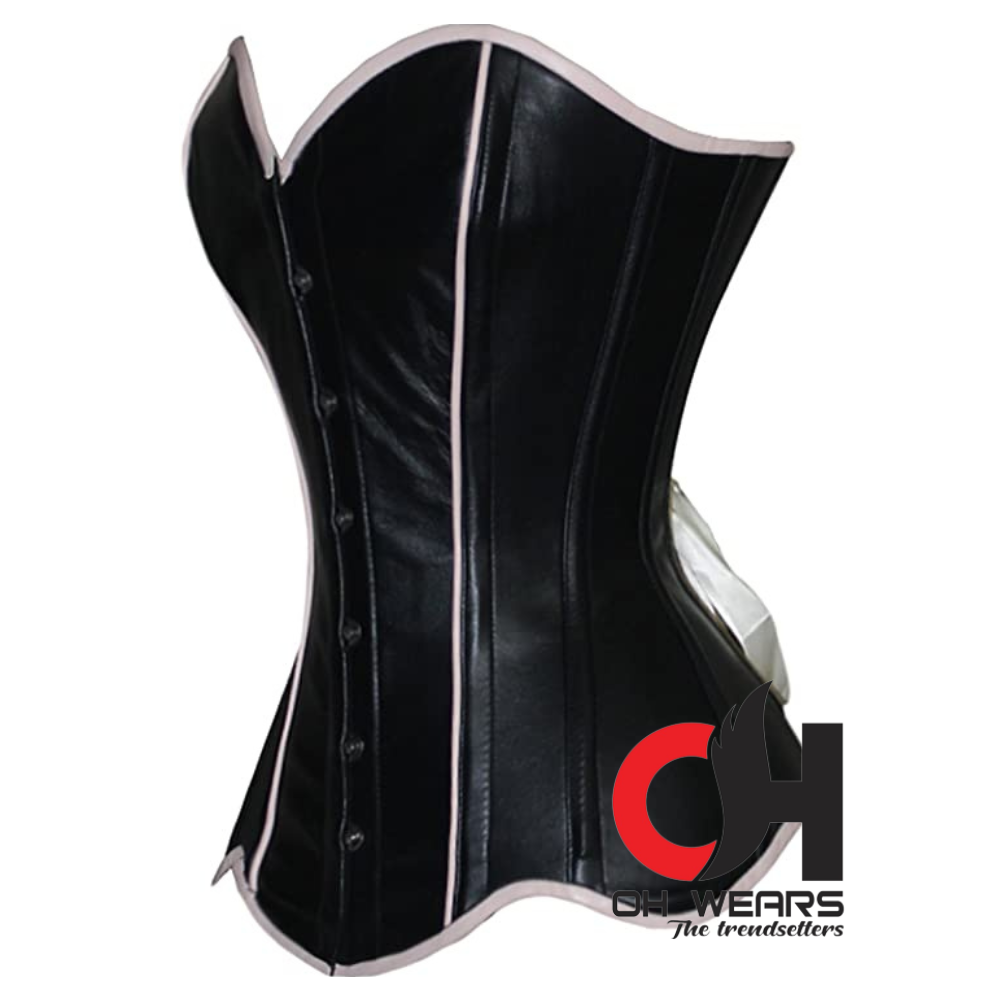 Women Overbust Black Leather Corset Heavy Steel Boned