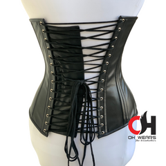 Black Leather Overbust Corset with front laces - Double Steel Boned