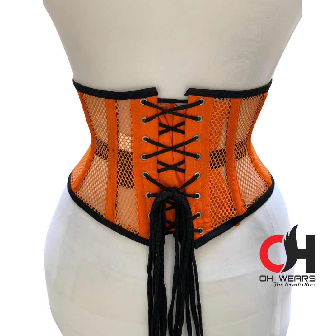 Orange Cotton Mesh Underbust Corset with Black Brocade Steel Boned