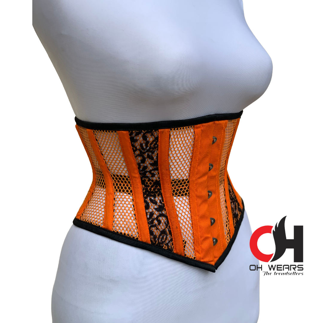 Orange Cotton Mesh Underbust Corset with Black Brocade Steel Boned