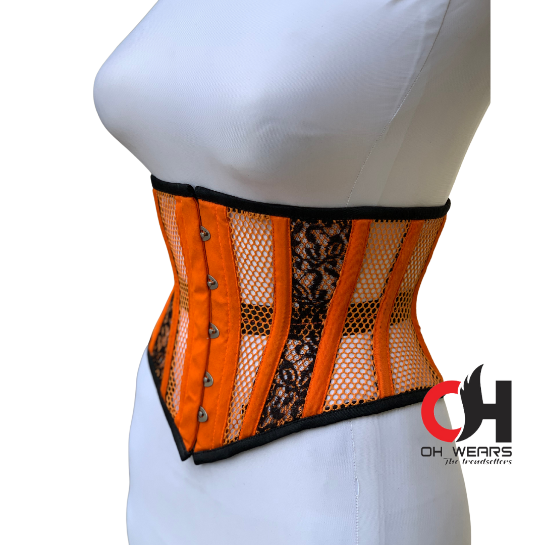 Orange Cotton Mesh Underbust Corset with Black Brocade Steel Boned