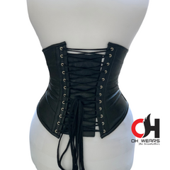 Black Leather Underbust Corset - Double Steel Boned - Underwired