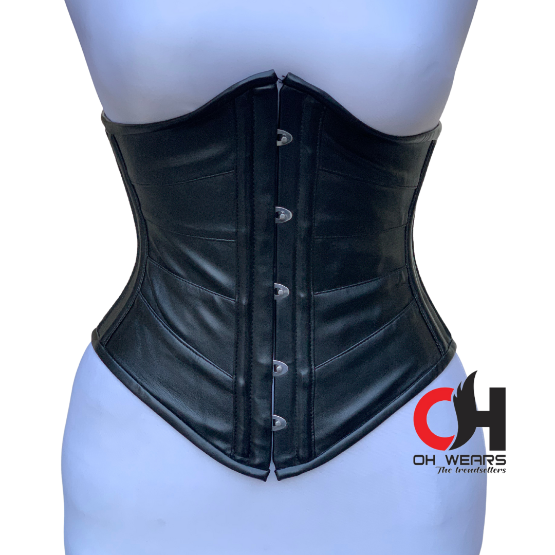 Black Leather Underbust Corset - Double Steel Boned - Underwired