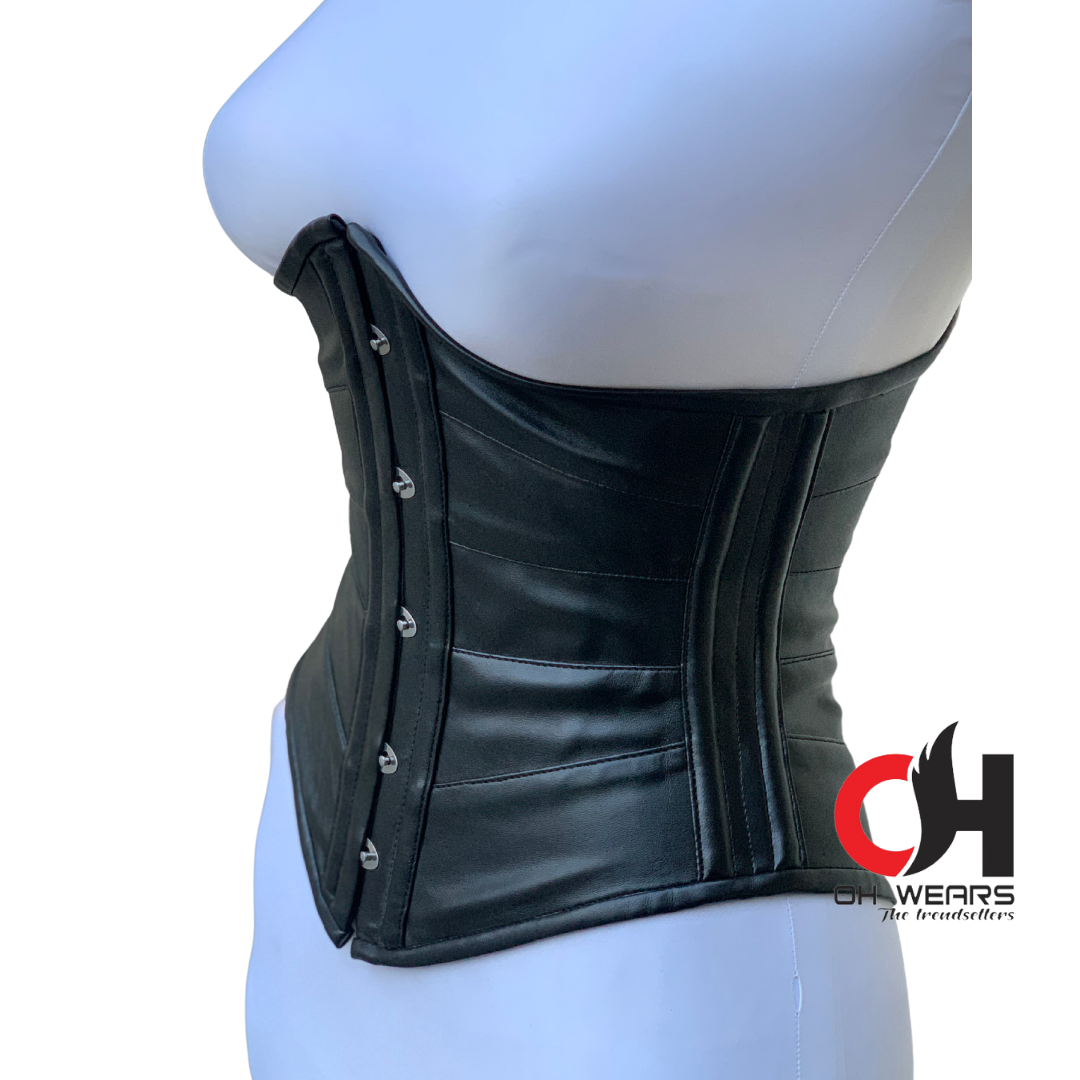 Black Leather Underbust Corset - Double Steel Boned - Underwired