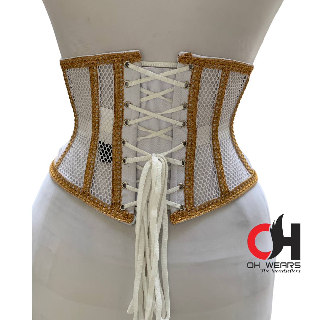 White Mesh Golden Outlines Underbust Corset Steel Boned