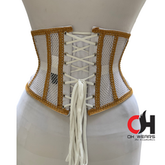 White Mesh Golden Outlines Underbust Corset Steel Boned