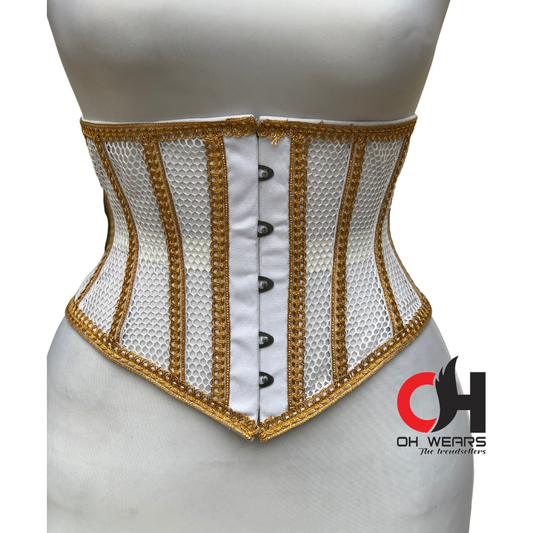 White Mesh Golden Outlines Underbust Corset Steel Boned