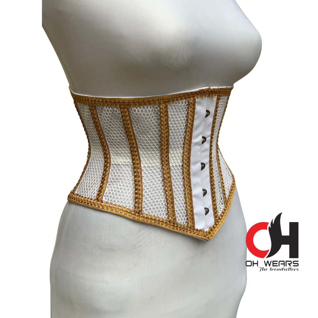 White Mesh Golden Outlines Underbust Corset Steel Boned