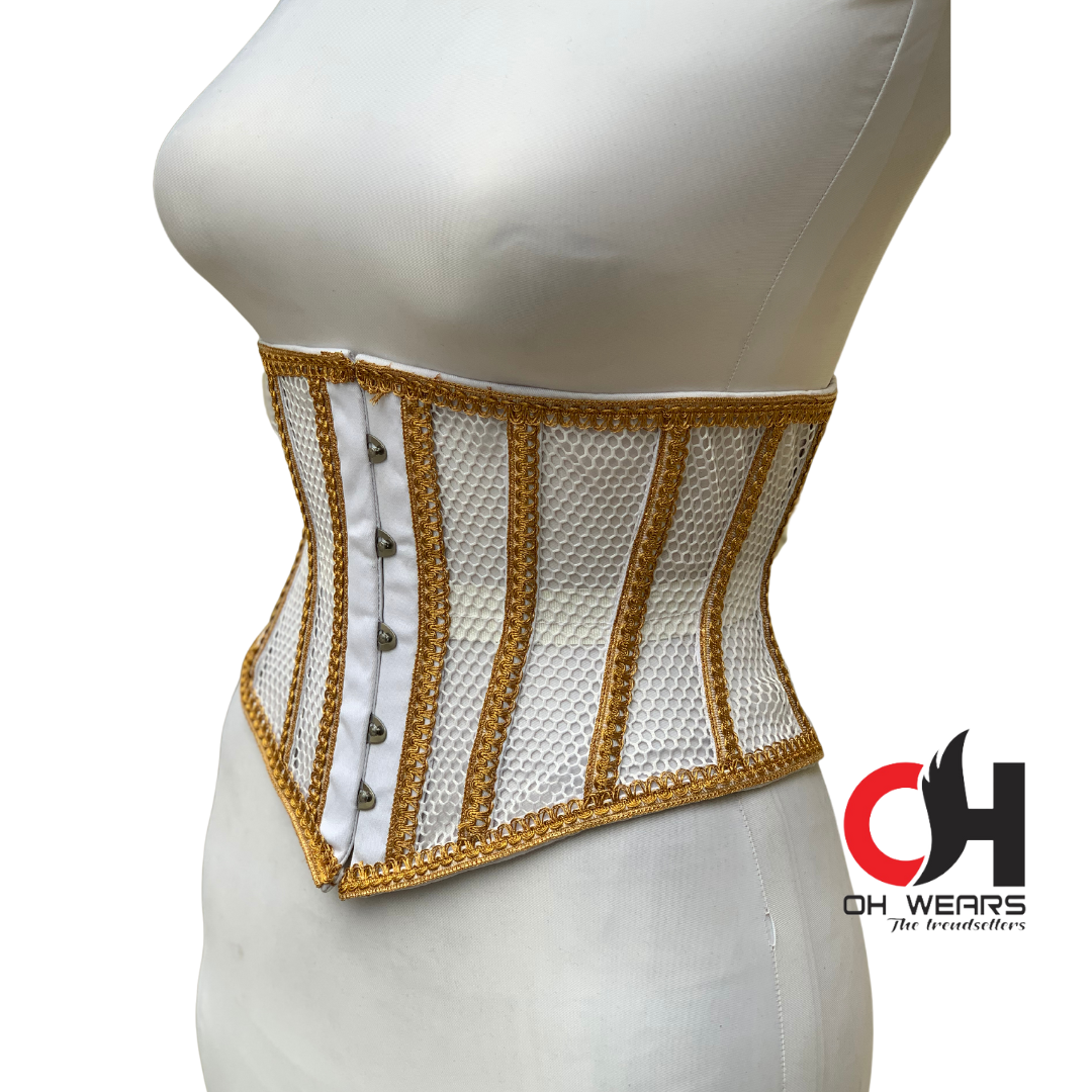 White Mesh Golden Outlines Underbust Corset Steel Boned