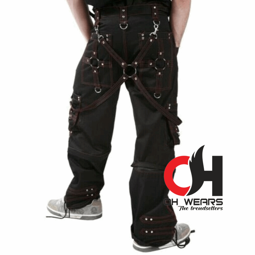 Handmade men black cotton Red stitch Electro bondage gothic cyber chain goth jeans punk rock pant trouser and short baggy style OH-439-GT