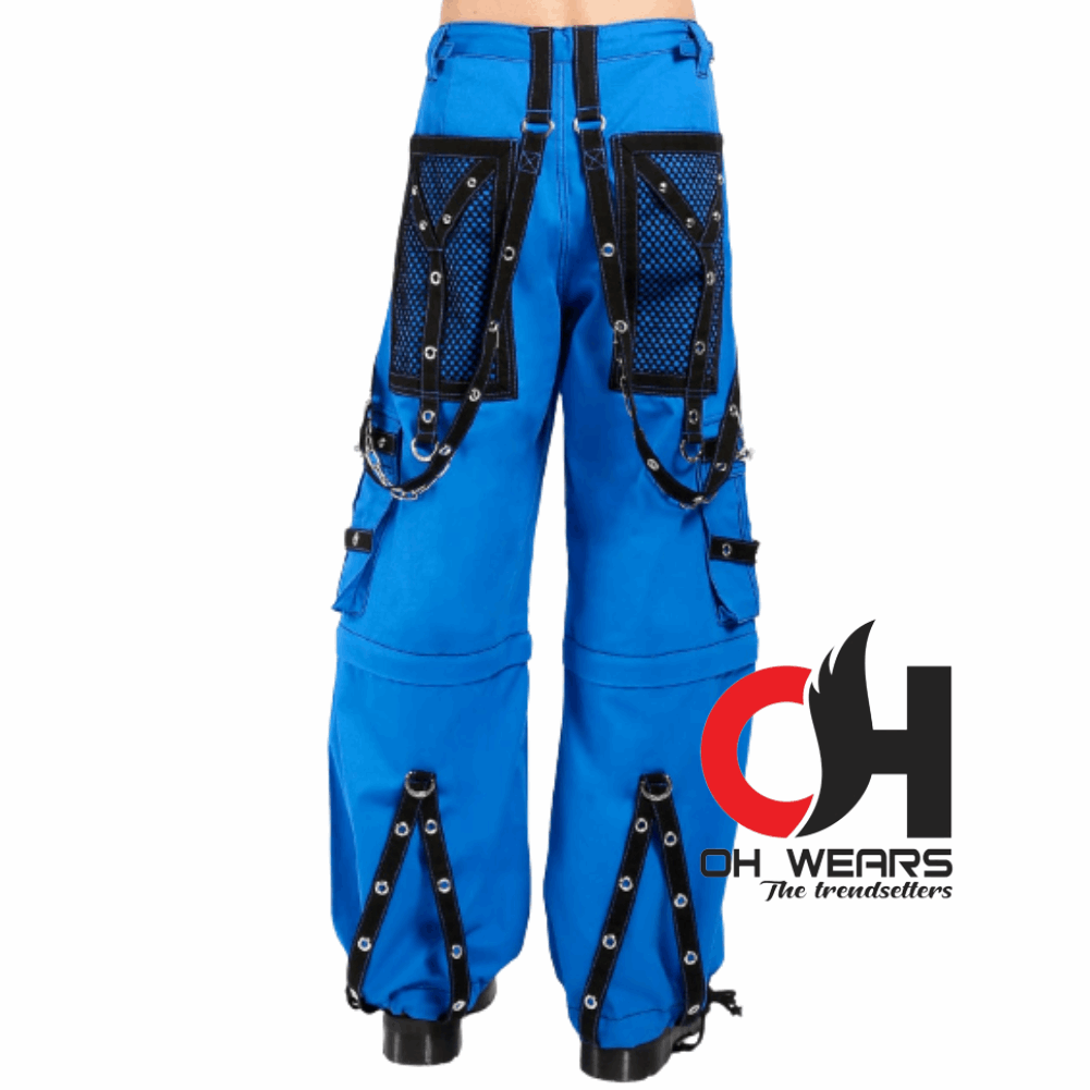 Handmade Blue & Black Electro bondage rave men gothic cyber chain goth jeans punk rock pant trouser and short baggy style OH-442-GT