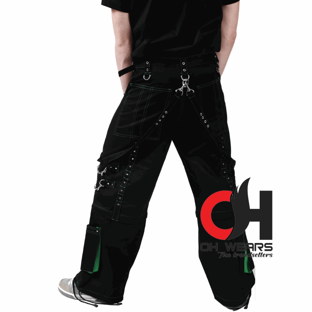 Men Handmade Gothic Bondage Trouser Green Thread Cyber Pant Punk Shorts Metal Studs Tripp Pants/Gothic wears pants OH-444-GT