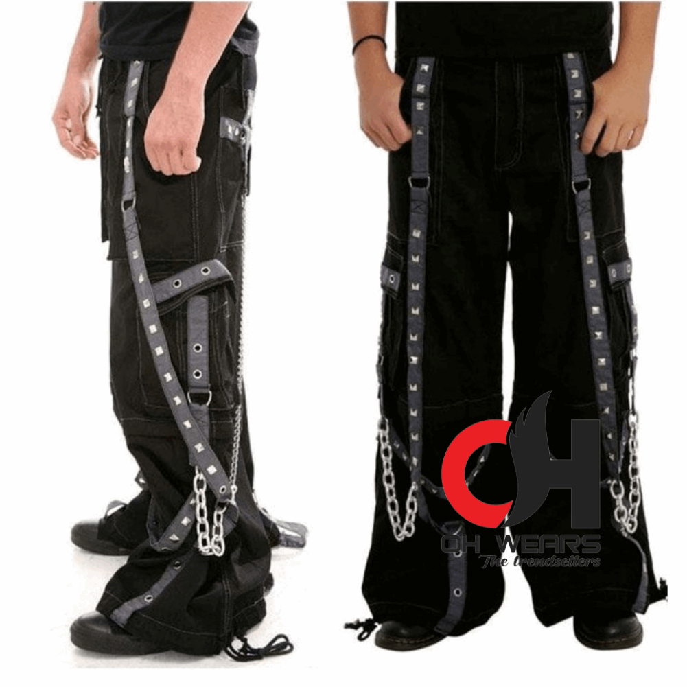 Men's Goth Black-Blue Bondage Handmade Pant Chains Punk Rock Mesh