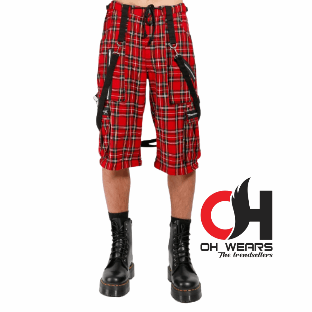 Gothic Bondage Red Plaid Straps Men Pant Alternative Punk Rock EMO Trouser Pant Shorts OH-447-GT