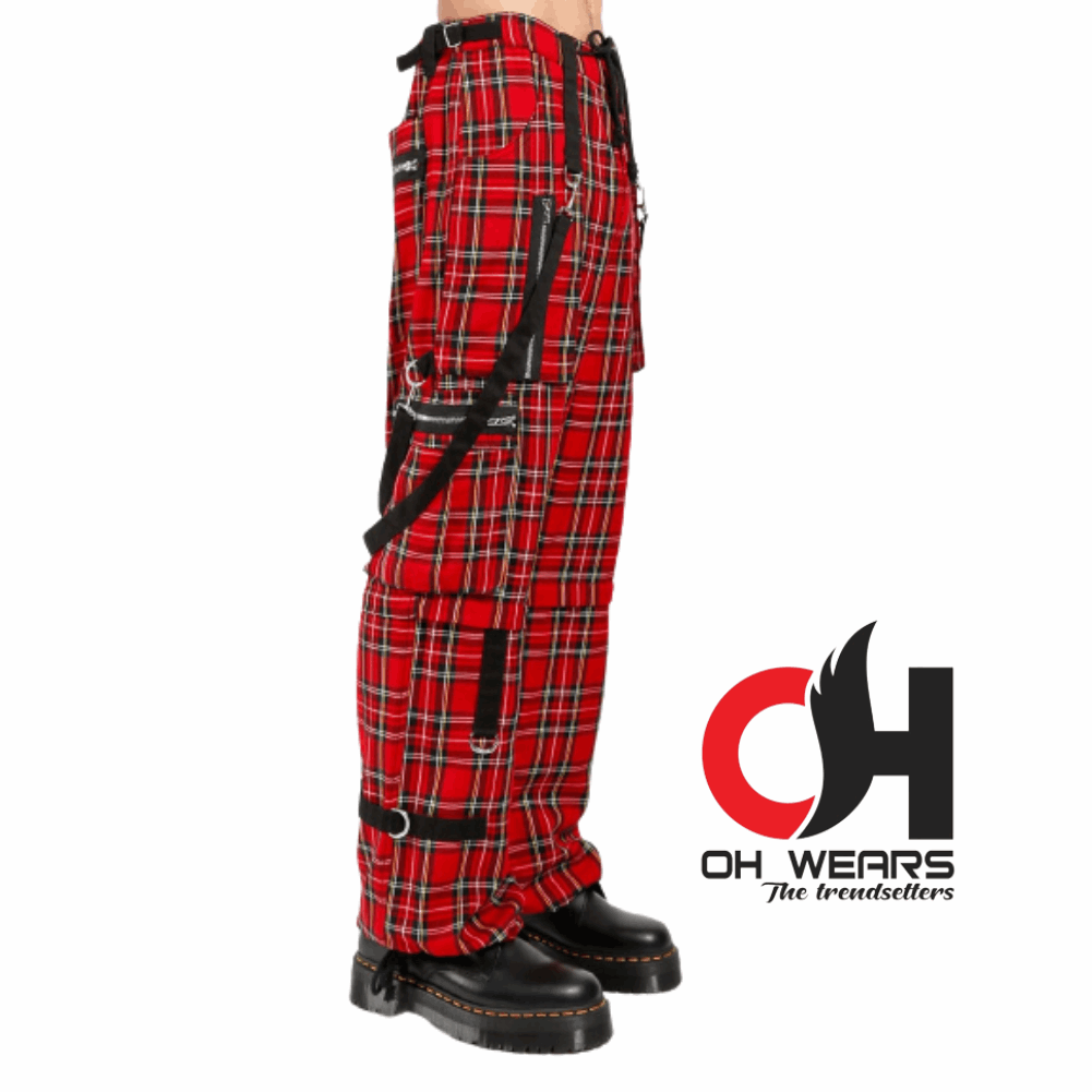 Gothic Bondage Red Plaid Straps Men Pant Alternative Punk Rock EMO Trouser Pant Shorts OH-447-GT