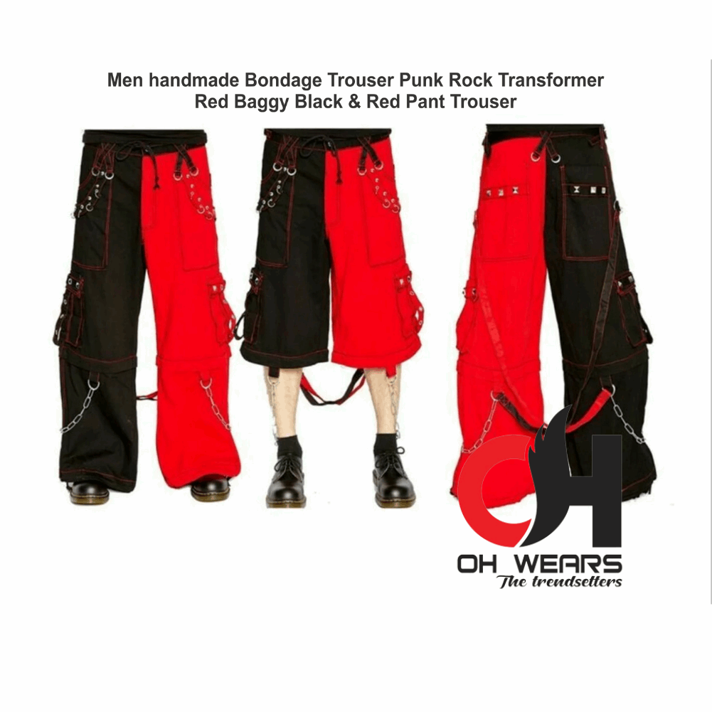 Men Bondage Trouser Punk Rock Transformer Baggy Black Split Leg Tripp Pants Black/Red Pants /EMO, gothic pants, men's gothic pants OH-429-GT