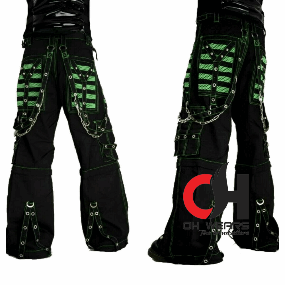 Handmade black & green Electro bondage rave men gothic cyber chain goth jeans punk rock pant trouser and short OH-431-GT