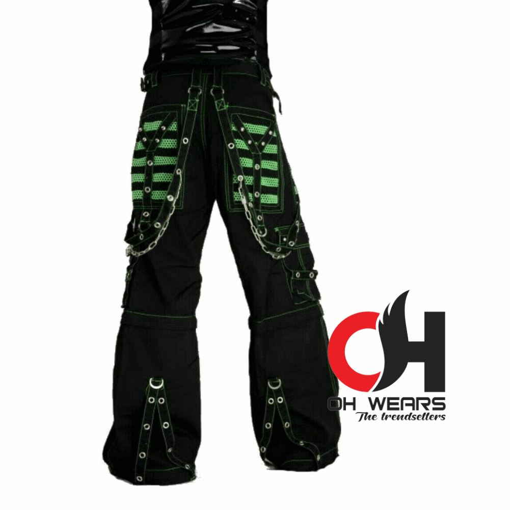 Handmade black & green Electro bondage rave men gothic cyber chain goth jeans punk rock pant trouser and short OH-431-GT