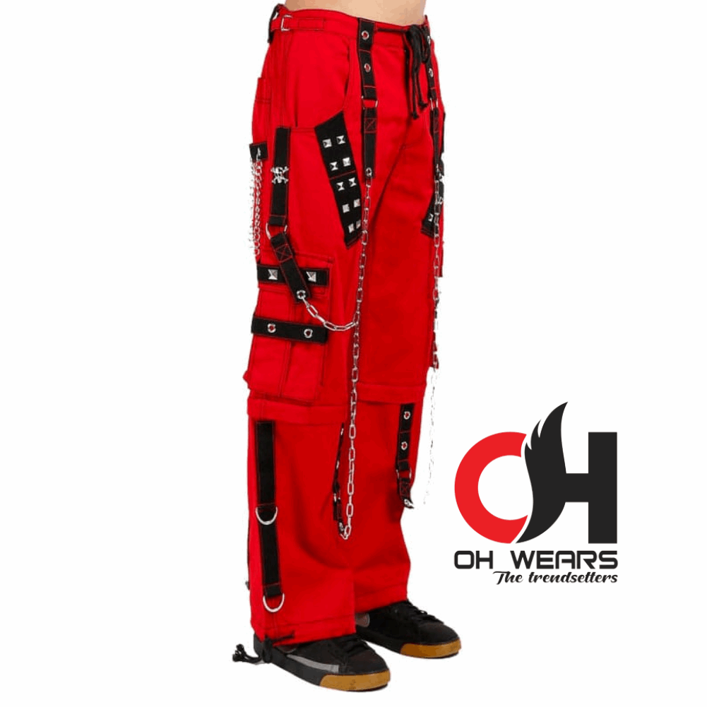 Men's Gothic Red Cotton Gothic Dark Cuff Pants, Men's Fashion Gothic Pants OH-433-GT