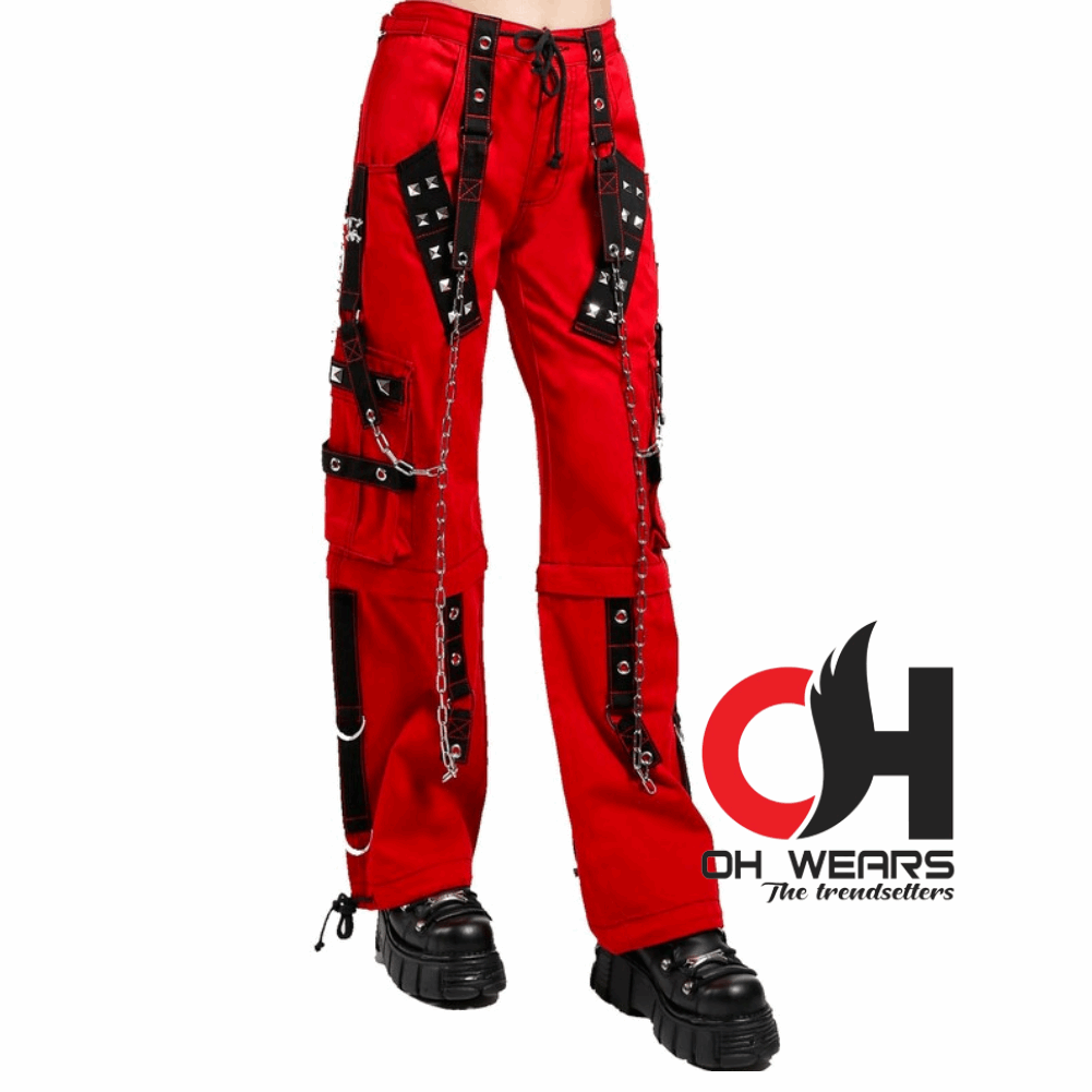 Men's Gothic Red Cotton Gothic Dark Cuff Pants, Men's Fashion Gothic Pants OH-433-GT