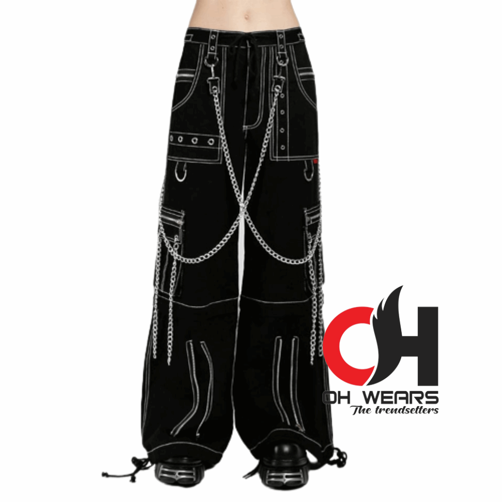 Gothic Chain Bandage Wide Leg Black Pants Women Oversize Low Rise
