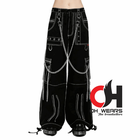 Gothic Chain Bandage Wide leg Pants Women Oversize Low Rise Dark Academic Trousers Streetwear 90s Baggy Pant Punk Style OH-436-GT