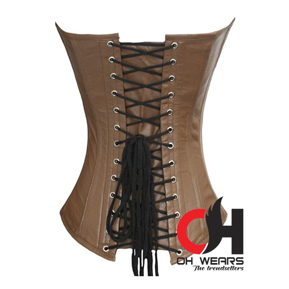 Brown Leather Overbust Front Zipper and Lace Up Corset