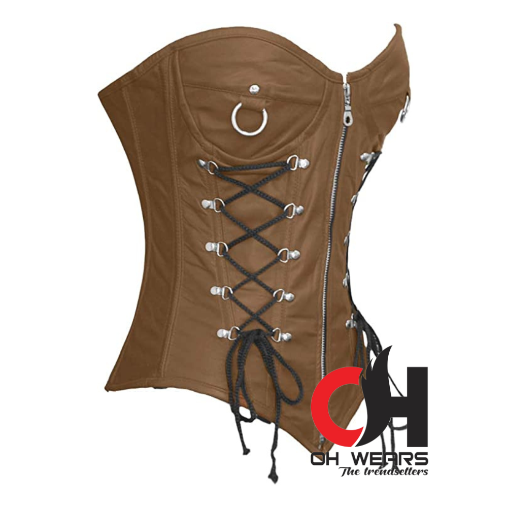 Brown Leather Overbust Front Zipper and Lace Up Corset