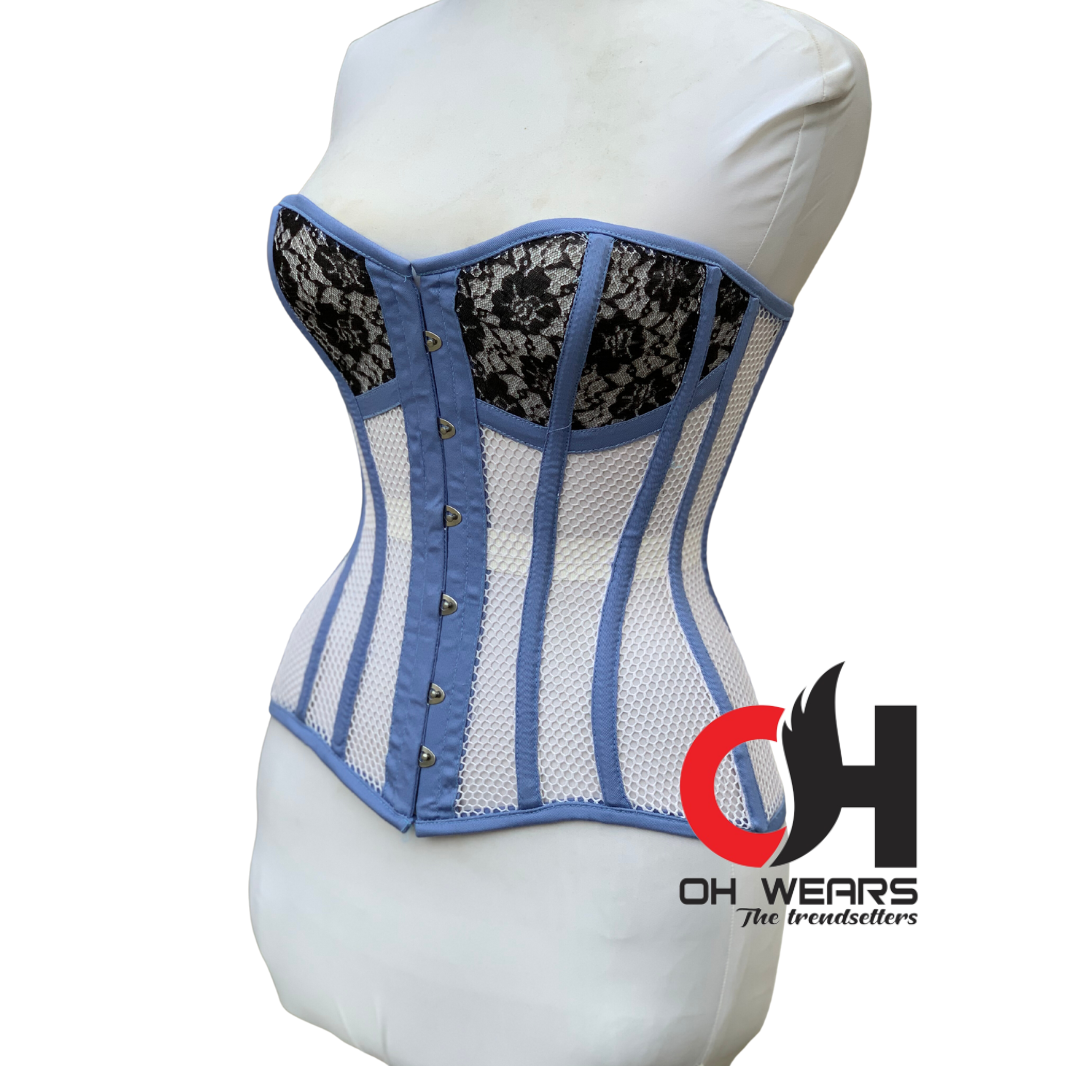 Light Blue Cotton White Mesh Overbust Corset - Steel Boned