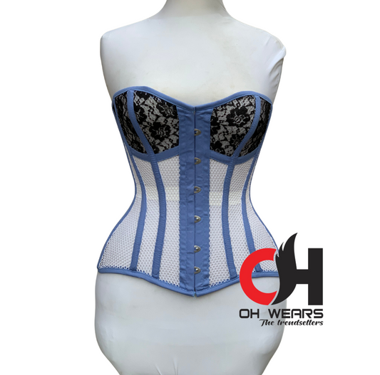 Light Blue Cotton White Mesh Overbust Corset - Steel Boned