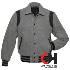 Byron Collar Grey Wool with Black Leather Stripes Varsity Jacket