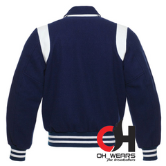 Byron Collar Blue Wool with White Leather Stripes Varsity Jacket