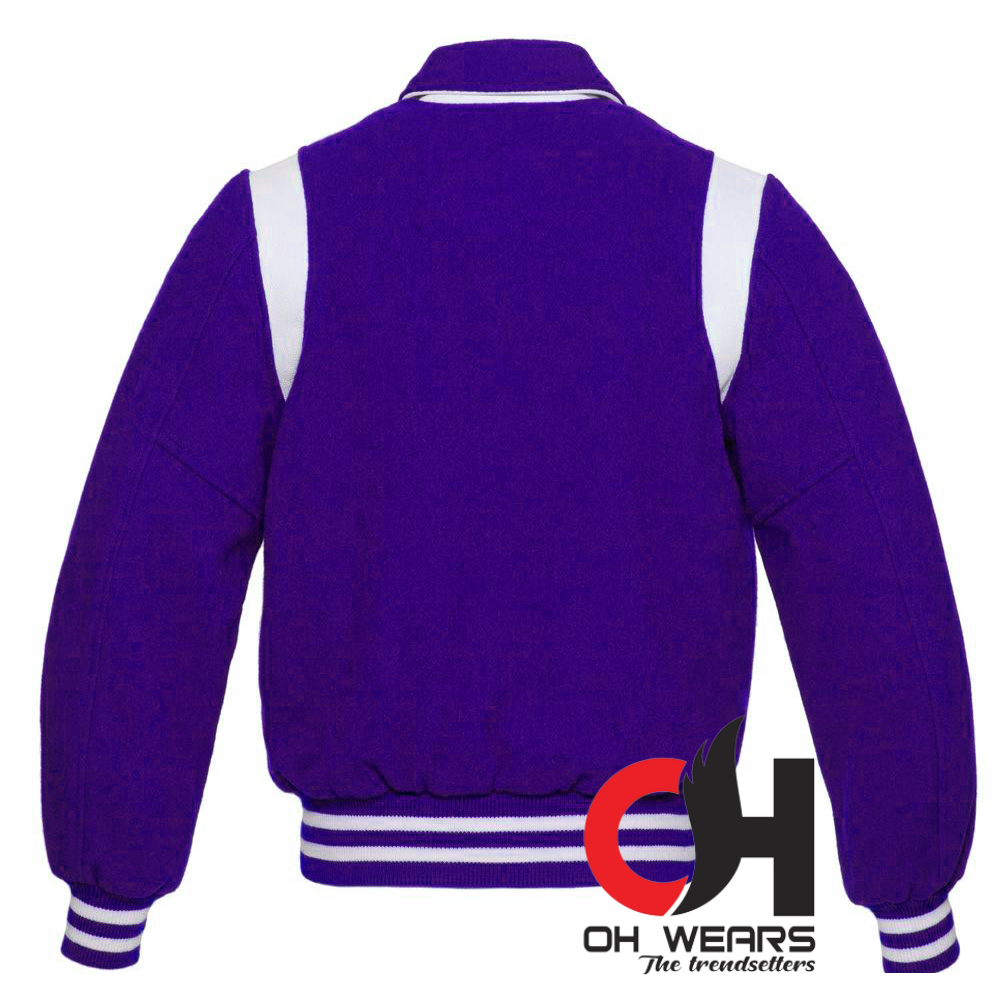 Nueva chaqueta estilo bomber de béisbol Varsity Byron con cuello de lana azul y rayas de cuero blanco (hombres, mujeres y niños), chaquetas universitarias 