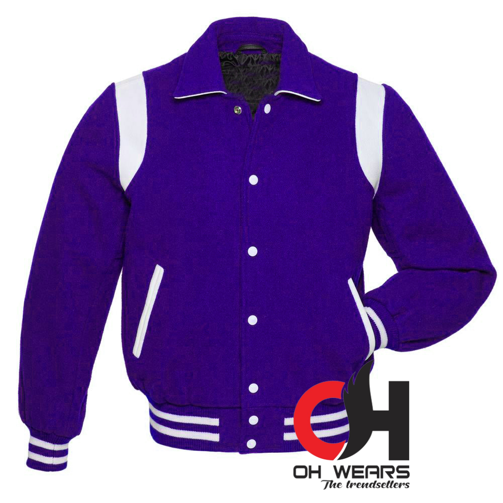 Nueva chaqueta estilo bomber de béisbol Varsity Byron con cuello de lana azul y rayas de cuero blanco (hombres, mujeres y niños), chaquetas universitarias 