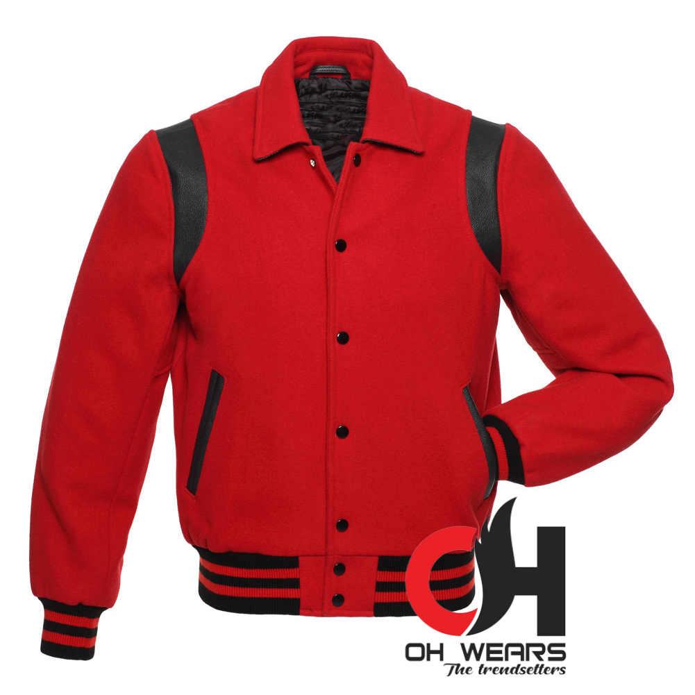 Varsity-Jacke aus roter Wolle mit Byron-Kragen und schwarzen Lederstreifen 