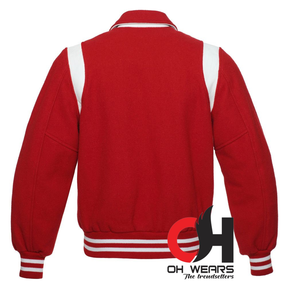 Byron Collar Red Wool with White Leather Stripes Varsity Jacket