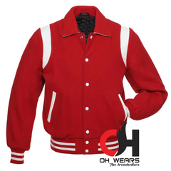 Varsity-Jacke aus roter Wolle mit Byron-Kragen und weißen Lederstreifen 