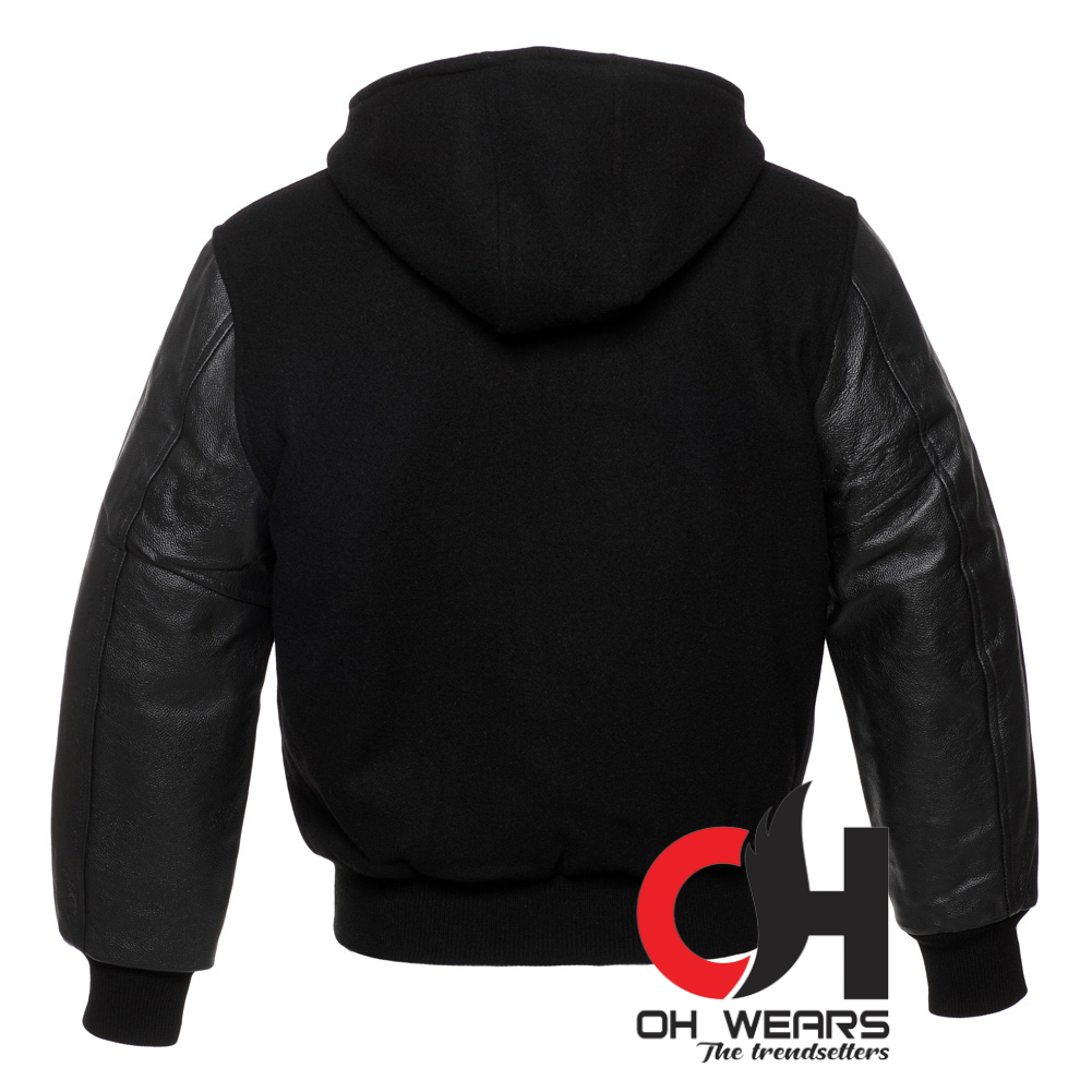 Black Wool and Genuine Black Leather Sleeves Varsity Jacket