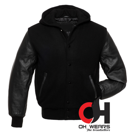 Black Wool and Genuine Black Leather Sleeves Varsity Jacket