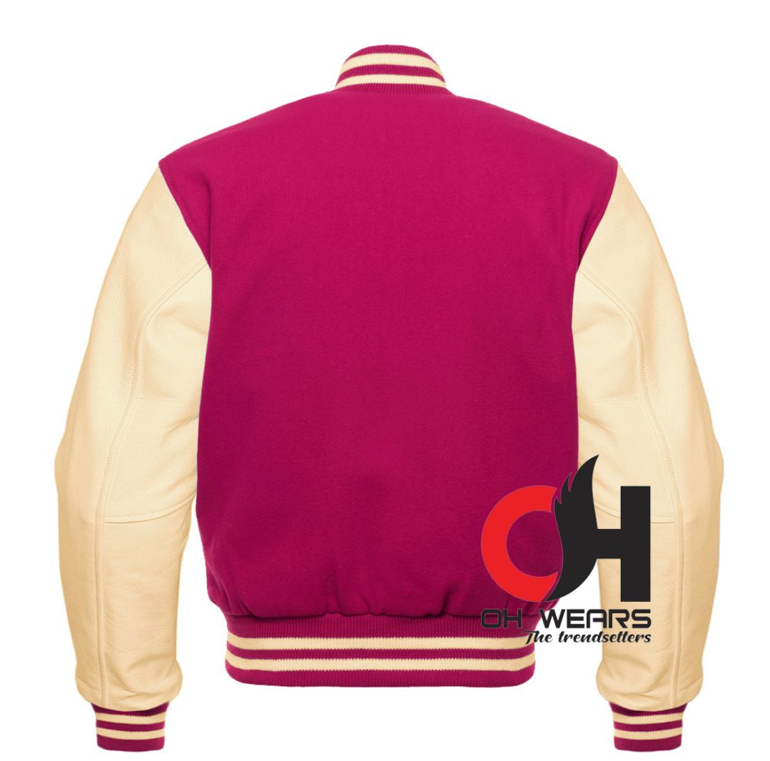 Chaqueta Varsity Mangas De Lana Rosa Y Cuero Genuino Crema 